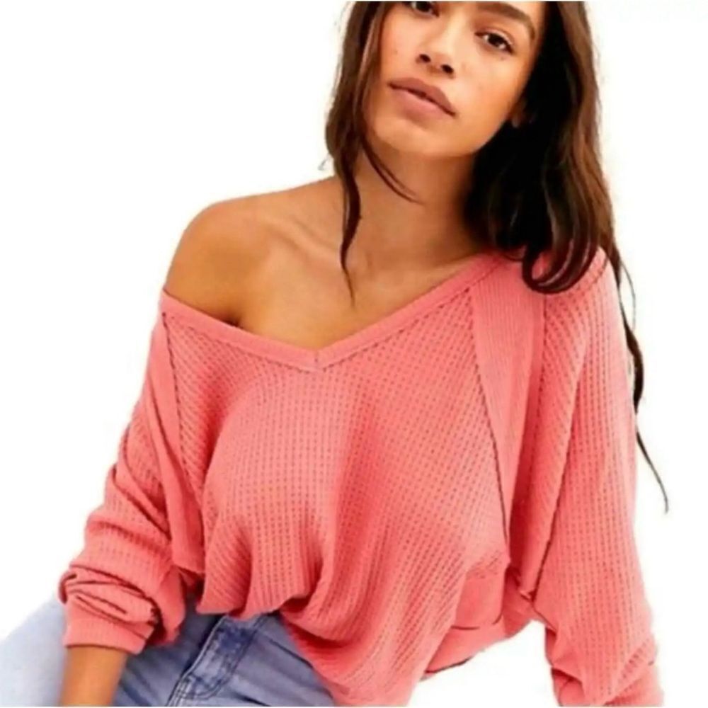 Free People Santa Clara Thermal‎ Oversized Shirt Coral Pink Orange Medium